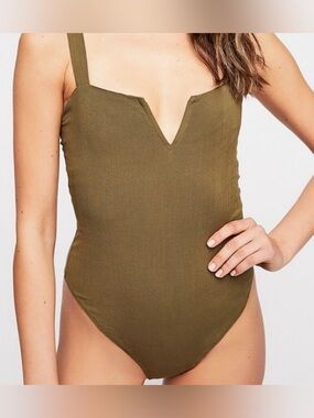 Free People Military Green canvas bone V-Neck Bodysuit